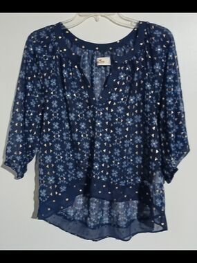 Hollister Navy Floral Sheer Blouse with Gold Accents